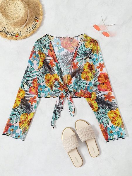

allover tropical print mesh knot kimono o2aj#, White;black