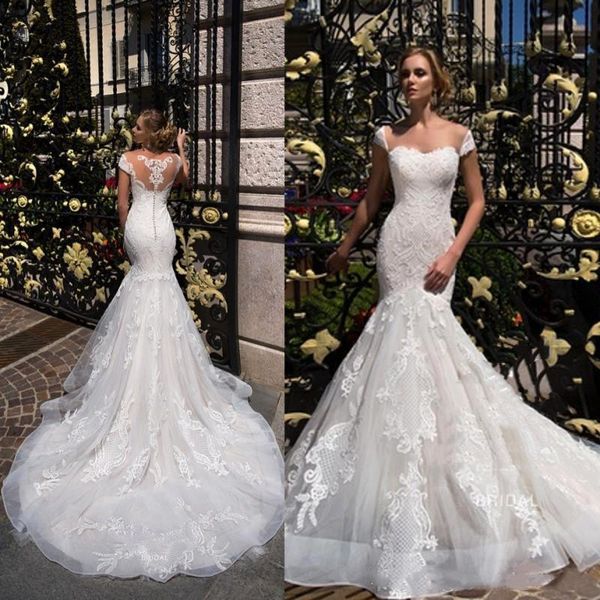 

backless mermaid wedding dress with train capped sleeves full lace appliques tulle wedding bridal gowns with long sweep train custom, White