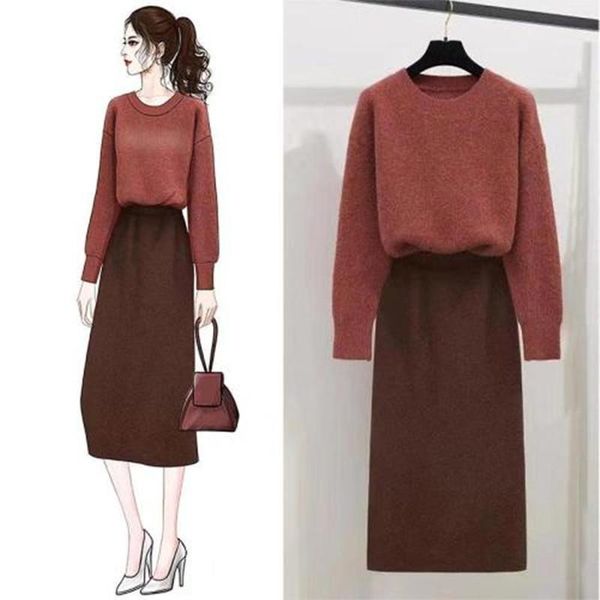 

two piece dress 2021 autumn winter pattern small fragrant wind fashion long sleeves pullover knitting+sweater half body skirt set, White