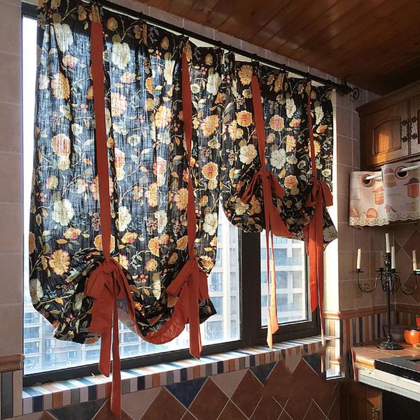 

curtain & drapes american cotton and linen balloon retro large flower lift partition door home decoration
