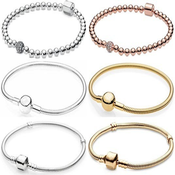 

original beads & pave crystal ball & barrel clasp snake chain bracelet fit fashion bangle 925 sterling silver charm, Black