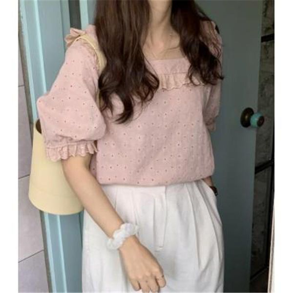 

women's blouses & shirts 2021 arrivals summer blouse shirt korean chic square collar puff sleeve hollow pullovers casual lady tunic ve, White
