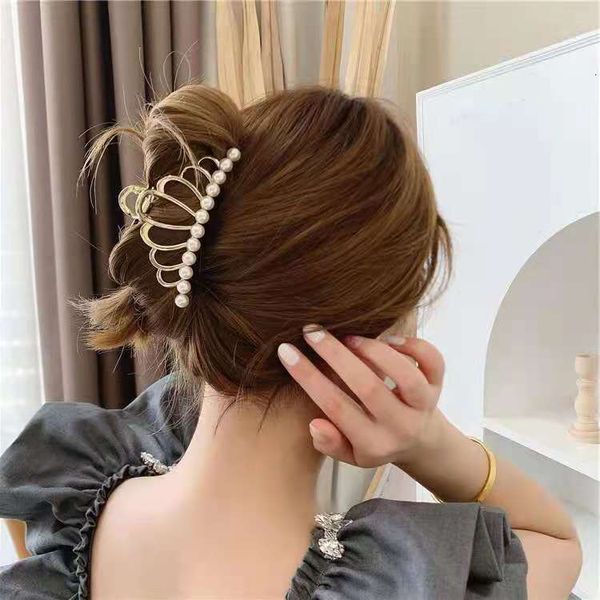 

hair jewelry korean pearl crown hairpin horsetail clip headdress girl back of head catch net red shark, Golden;white