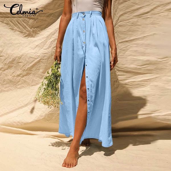 

new 2021 fashion high waist celmia women vintage buttons split denim skirt solid casual loose a-line maxi long skirts btxd, Black