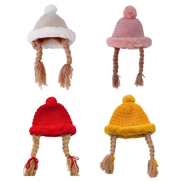 

warm soft plush ball pompom kid handmade knitted cap with braids wigs hat bonnet, Yellow