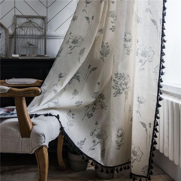

curtain & drapes grey flower print curtains window treatment black tassel shading cotton linen household living home room decor