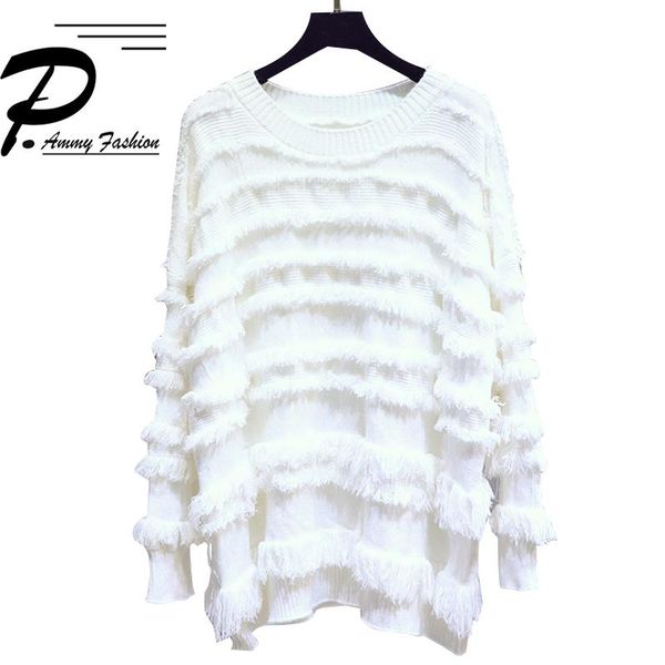 

women's sweaters casual fringed sweater female loose spring and autumn 2021 large size long sleeve solid color pullover, White;black
