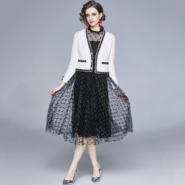 

minimalist two piece sets autumn winter the new fashion temperament elegant beads diamond mesh v-neck jacket suit, White