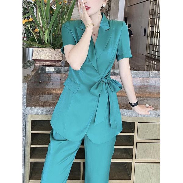 

women's two piece pants 2021 summer women pieces tencel suits short sleeve lacing blazer coat shirt +pencil trousers office lady sets, White