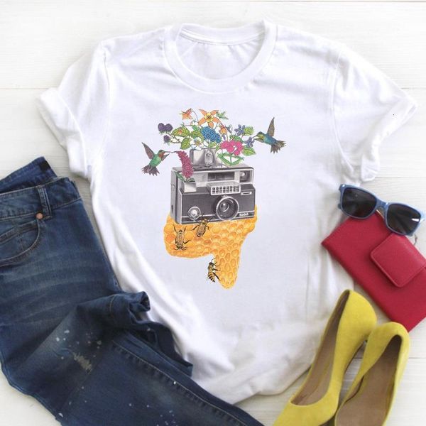 

women cartoon vintage camera printed flower honey ladies summer t tee female shirt clothes tshirt womens graphic t-shirt, White