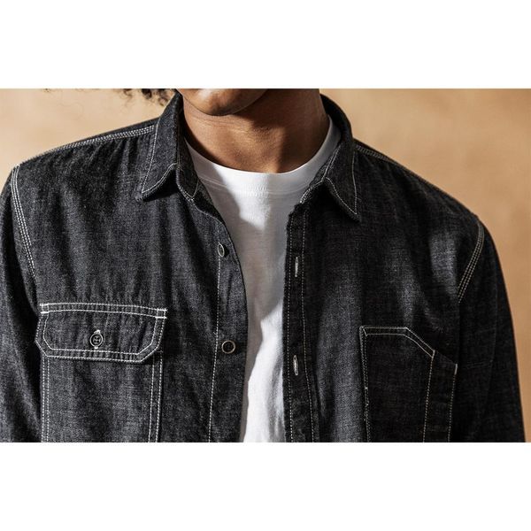 

jane men's 2021 spring new denim chest irregular pocket long sleeve shirt men 190375 cz0r, White