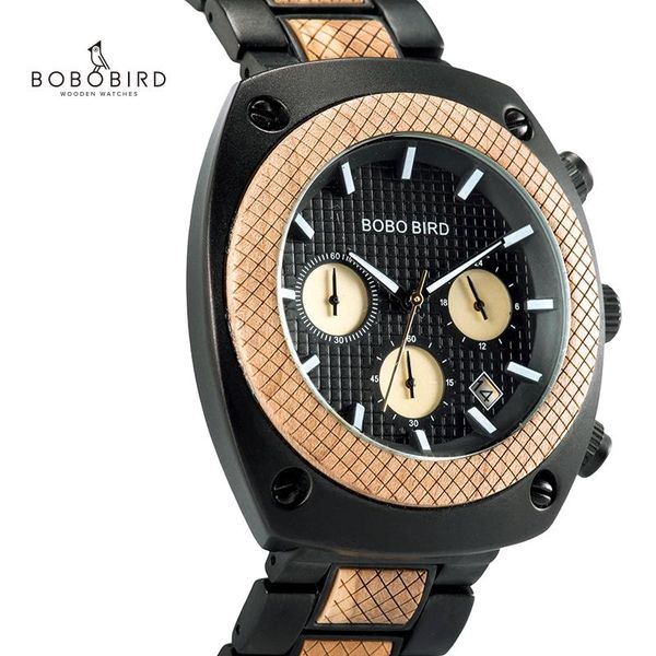 

wristwatches relogio masculino bobo bird wood men's watch chronograph quartz wristwatch gift for male drop montre homme, Slivery;brown