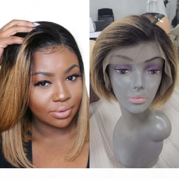 

1b 27 lace front human hair wigs glueless bob short wig 130% density brazilan straight remy hair wig, Black;brown
