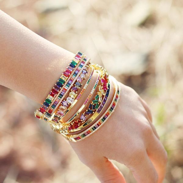 

charm bracelets adjusted gold filled rainbow baguette cz bangles for women gilr colorful cubic zirconia bracelet fashion crystal jewelry, Golden;silver