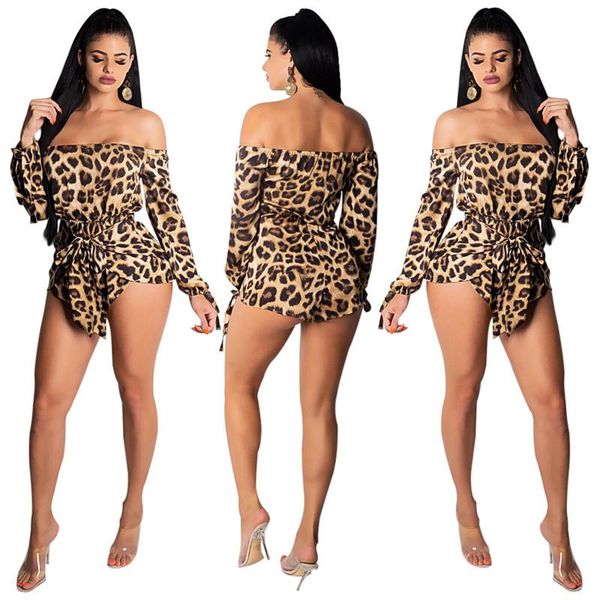 

bodysuit tracksuit rompers womens jumpsuit long sleeve strapless leopard print casual playsuits overalls combinaison femme, Black;white