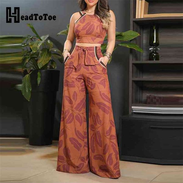 

leaf print sleeveless & pants set summer women two piece set 210819, White