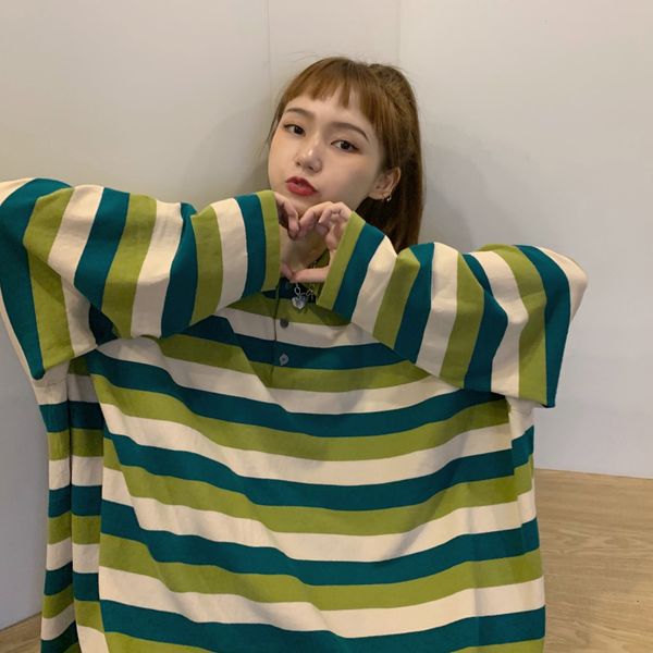 

2021 autumn new sports shirt loose retro striped polo collar long sleeve pullover sweatshirt women simple fashion lgfi, Black
