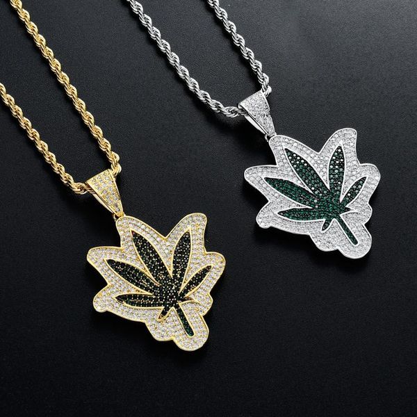 

pendant necklaces cz brass zircon leaf necklace iced out hip hop jewelry for men and women, Silver