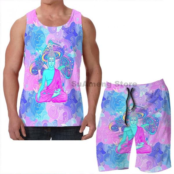 

men's tracksuits summer funny print men tank women trippy buddha beach shorts sets fitness vest, Gray