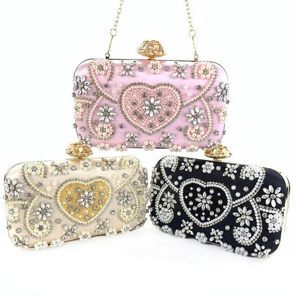 Borsa da donna di lusso con perle, pochette da sera con diamanti, pochette da sposa con fiore, borsa rosa champagne femminile