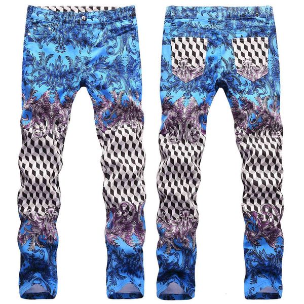 

jeans men's court style cotton elastic slim color printing personalized small straight pants, Blue