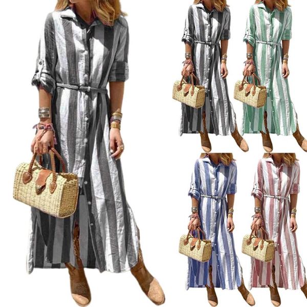 

casual dresses summer beach striped maxi dress long botton ladies holiday for women 2021 sleeve autumn, Black;gray