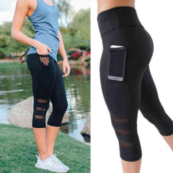 Leggings yoga sexy Capri Pant Leggins Vita alta Sport Donna Fitness Pantaloni yoga Gym Legging Donna Maglia nera Pantaloni 3/4 H1221