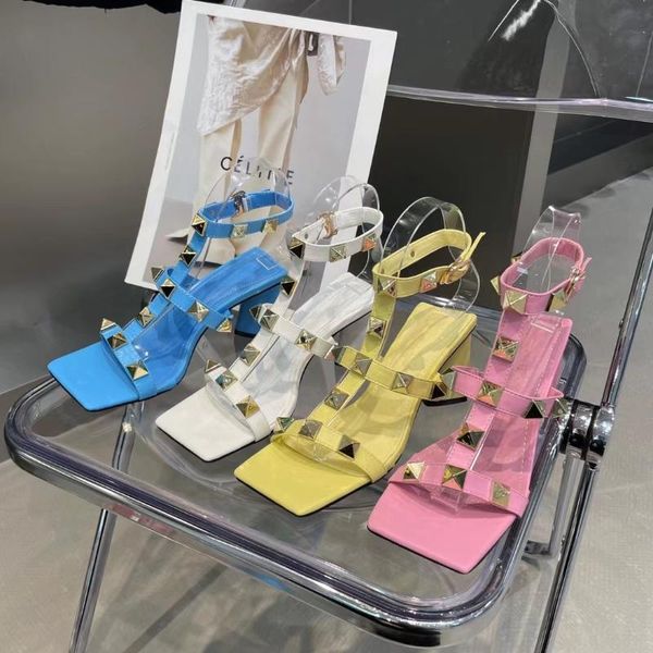 

dress shoes 2021 design woman chunky high hells square toe sandals spiked ankle buckle zapatos de mujer rivets ladies pumps, Black