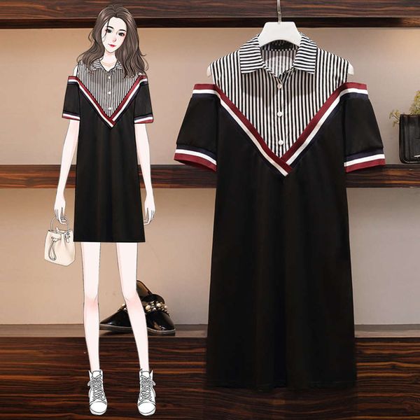 

2020 summer new large size women's dress fat sister show thin fashion splicing cover belly reduce age foreign style xinji dress, Black;gray