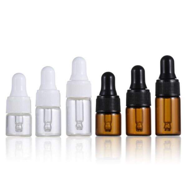 Vazio mini garrafas de óleo essenciais 1ml 2ml 3ml âmbar clara pequena amostra de vidro amostrar garrafa com tampão branco preto tube sn2773