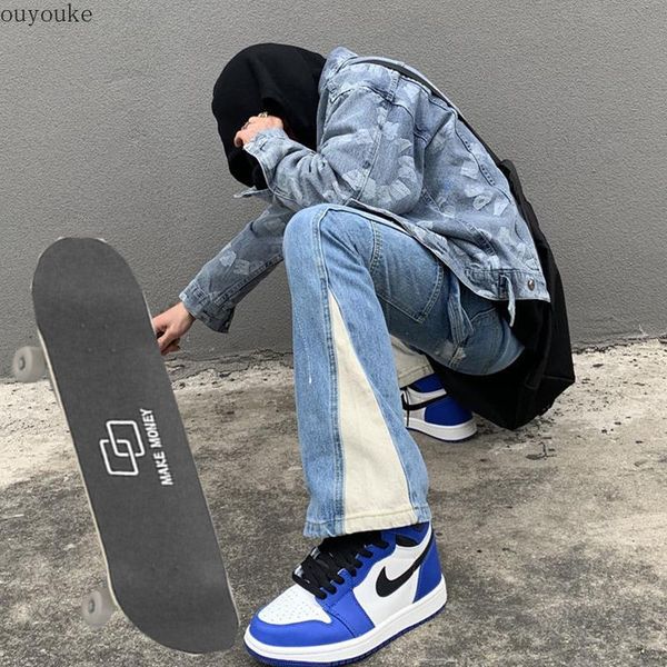 

men's jeans splicing and women's street style skateboarding pants hip hop skating y2k straight jogger, Blue