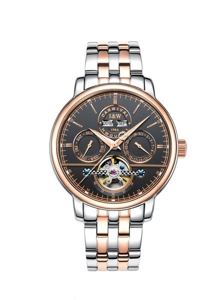 

carnaval mark multi function automatic mechanical men watch perpetual complete steel calendar sapphire luxury lighting rose gold, Slivery;brown