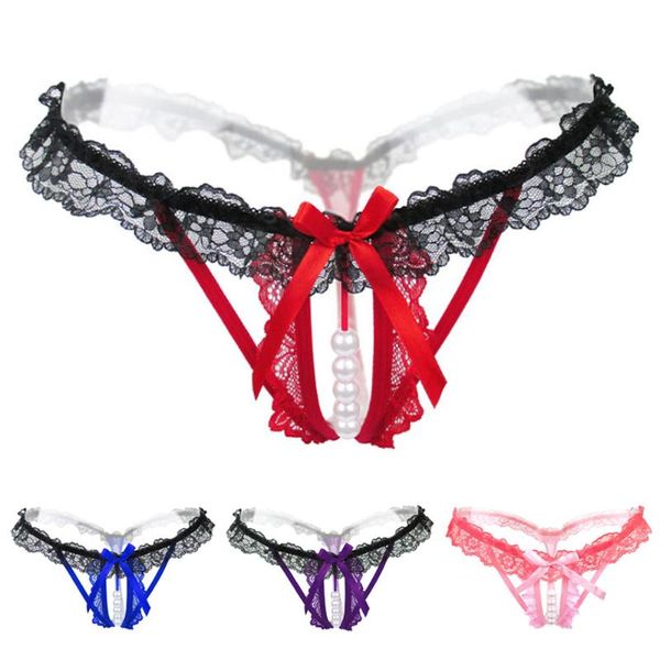 

women's panties 1pc lace women thongs crotchless and g strings pearls tangas female erotic lingerie bragas size, Black;pink