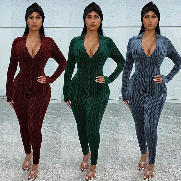 

2021 women sleeve finger skinny jumpsuit new fall deep v neck zipper bodycon long bodysuits ladies club party velvet romper nrlq, Black