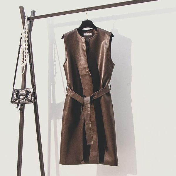 

women's leather & faux women jackets 2021 autumn winter fashion waistcoat coat sleeveless casual outerwear with belt slim jacket r425, Black