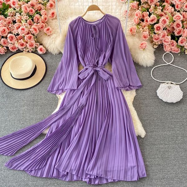 

casual dresses vintage women purple/pink/red draped long dress autumn elegant round neck sleeve big swing beach vestidos female 2021, Black;gray