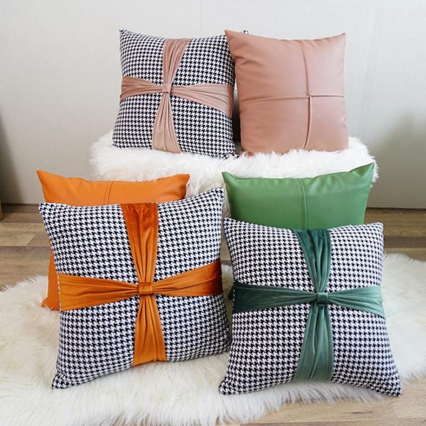 

cushion/decorative pillow houndstooth cushion cover woven bow home throw decorative brown soft faux leather square cases