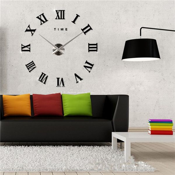 

wall clocks diy 3d roman number clock modern sticker large silent home office school watches decoration
