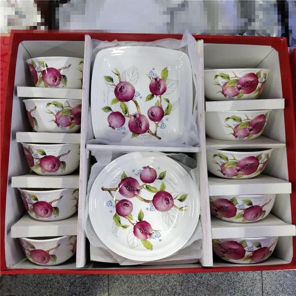

18 pcs punicagranatum flower pattern bone china bowl cutlery set household rice soup salad noodle bowl plate disc square plate