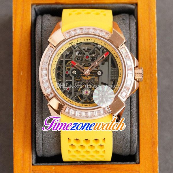 Rrf epic-x ex100.43.ld.op.ald4at Tourbillon Mens Automatic relógio Rose Gold Case Baguette Quadrado Corte Diamantes Bezel Skeleton Dial Amarelo Borracha TimeZoneWatch A01D (2)