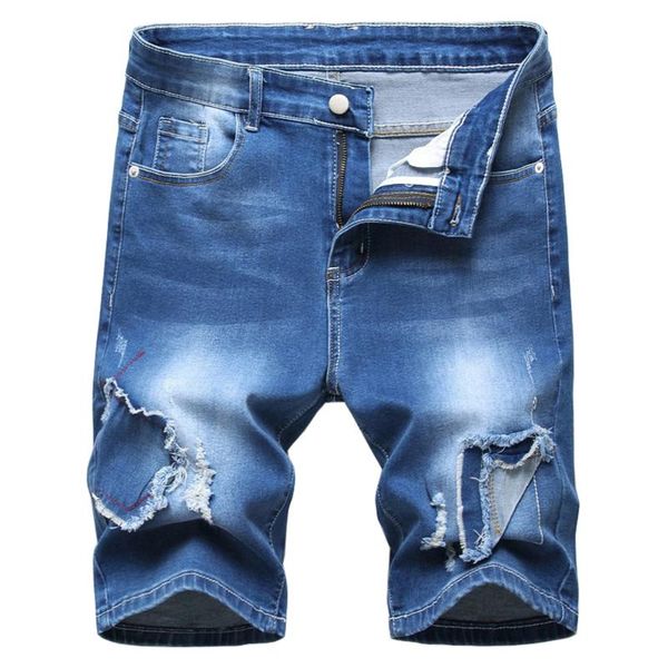 

men's jeans summer holes patchwork ripped denim shorts casual knee length patch design stretch, Blue