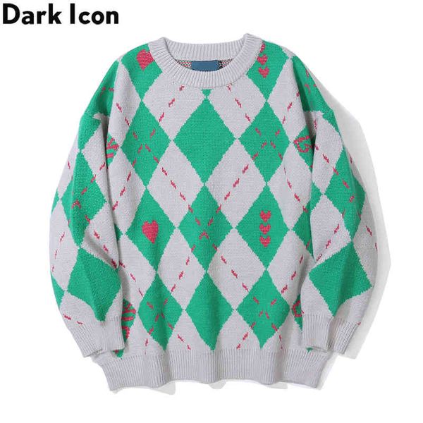 

dark rhombus vintage sweater men women autumn round neck pullover men's sweaters 3 colors, Black