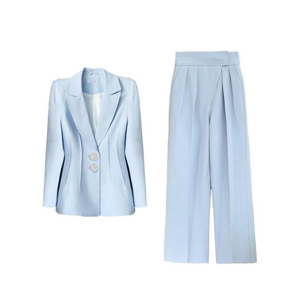 

women's two piece pants getspring women set blazer vintage blue suit high waist long wide leg fashion two-piece 2021, White