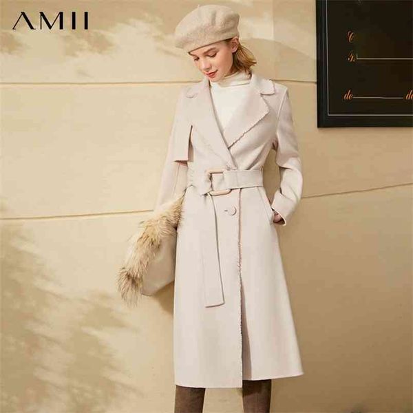 

minimalism british style winter coat women fashion 100%wool solid lapel belt doublesided woolen female jacket 12040911 210527, Black