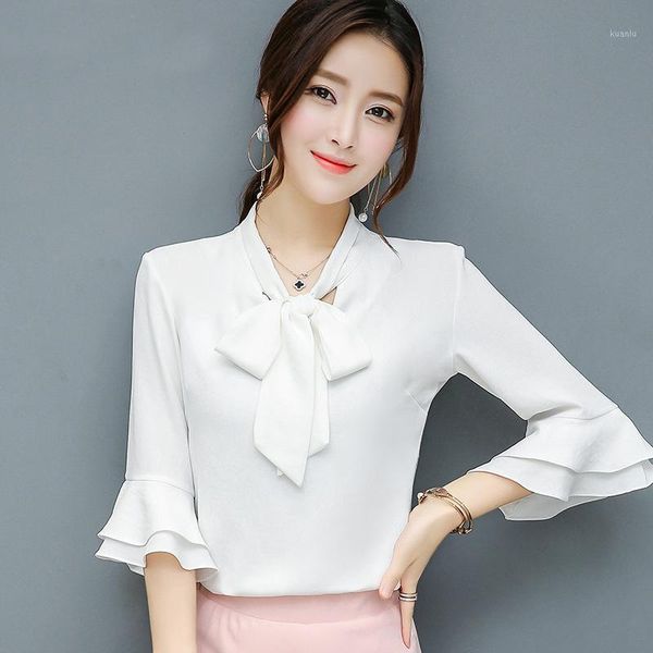

women's blouses & shirts blouse women summer petal sleeve v neck ol ladies womens and bow plus size chiffon blouse/women, White