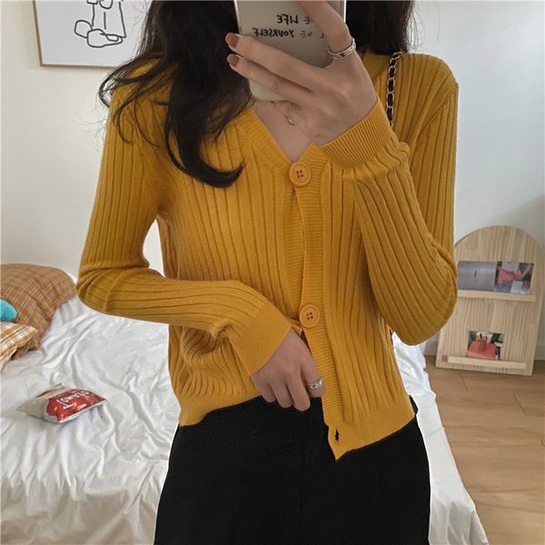 

2021 new korean style thin slim woman knit long sleeve v-neck ladies cardigan short single breasted solid female sweater outwear gqfe, White;black