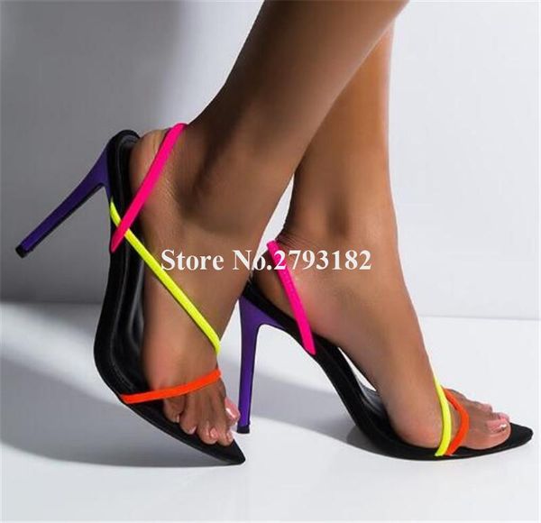 

dress shoes fashion women pointed open toe mixed-colors straps stiletto heel sandals patchwork slip-on high heels, Black