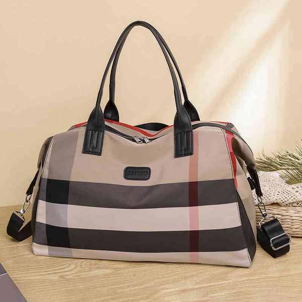 

sports fitness bag women's short distance hand luggage large capacity color contrast check boarding travel oxford cloth, Blue;pink