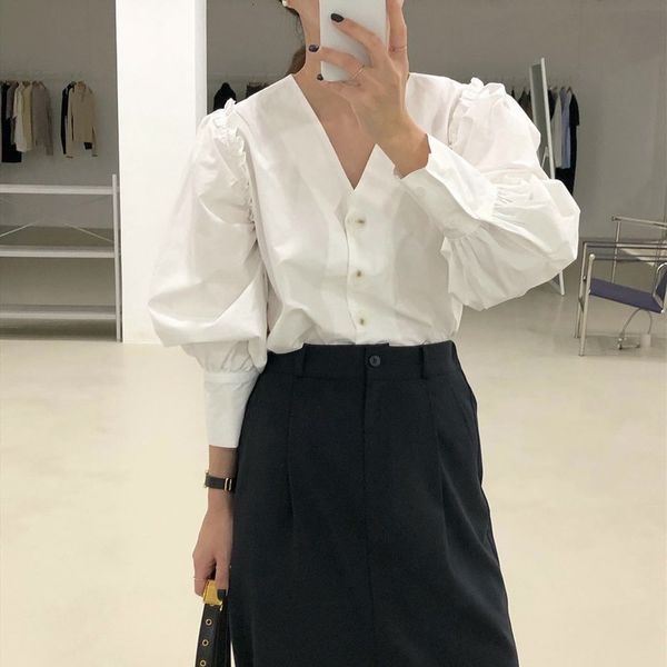 

comfortable plus size oversize all match 2021 solid korean party loose fashion new prom office lady shirts lsuw, White