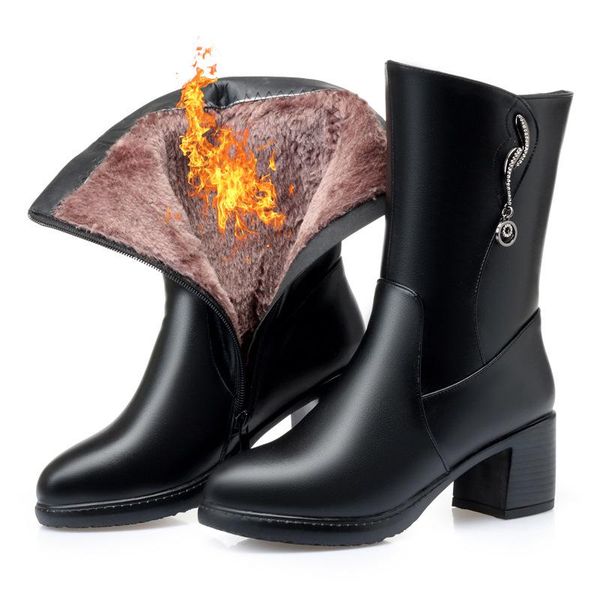 

boots winter women genuine cow leather wool high heels pointed toe mid calf zipper crystal woman rhinestone booties, Black